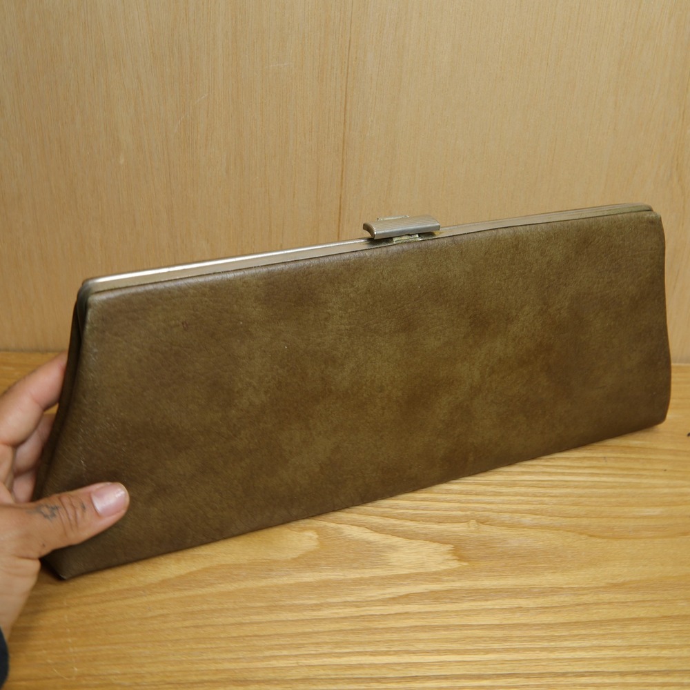 Vintage Western Brown Faux Leather Envelope Clutch Bag Silver Tone Clasp 13 Inch